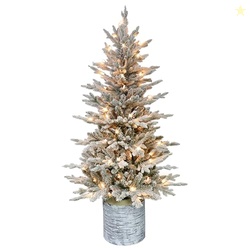 PULEO INTERNATIONAL 4.5FT PRE-LIT POTTED FLOCKED ARCTIC FIR CHRISTMAS TREE WITH 70 CLEAR LIGHTS, 419 REALISTIC DENSE SNOW FLOCKED BRANCH TIPS, EASY SETUP ARTIFICIAL TREES WITH STURDY STAND