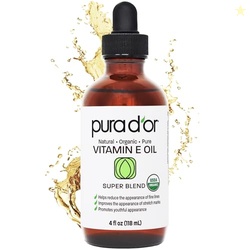PURA D'OR 4 Oz Organic Vitamin E Oil  USDA Certified Face, Body, Hair & Bath Oil with Argan, Jojoba, Rosehip, Apricot, Almond & Avocado  Lightweight Moisturizing Blend for Soft, Smooth Skin