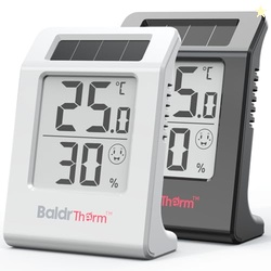BaldrTherm Indoor Thermometer Humidity Meter, 2 Pack Solar-Powered Room Thermometer Digital Temperature Sensor Monitor, 2.2''Humidity Gauge for Baby Rooms, Home, Office, White&Black
