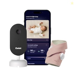Owlet Dream Duo (Gen 3) Smart Baby Monitor All-in-One Bundle - 2K HD Video Baby Monitor with Alerts & Owlet Dream Sock Tracks Babys Oxygen, Heart Rate & Sleep | Health Insights via App | Dusty Rose