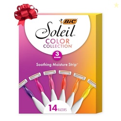 BIC SOLEIL 3 COLORS WOMEN'S DISPOSABLE WITH 3 BLADE RAZORS, ALOE VERA AND VITAMIN E LUBRICATING STRIP FOR ENHANCED GLIDE, 14-PACK, STOCKING STUFFERS FOR WOMEN