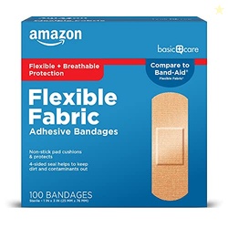 AMAZON BASIC CARE FLEXIBLE FABRIC ADHESIVE BANDAGES, FIRST AID AND WOUND CARE SUPPLIES, ALL-ONE SIZE, 100 COUNT