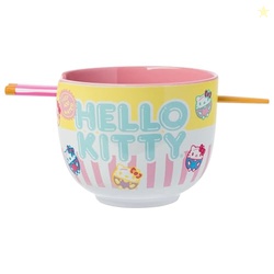 Silver Buffalo Sanrio Hello Kitty Pastel Colored Ceramic Ramen Noodle Rice Bowl with Chopsticks, Microwave Safe, 20 Ounces