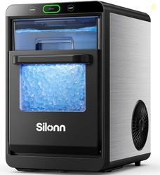 SILONN NUGGET ICE MAKER COUNTERTOP, CRUSHED ICE MAKER & PEBBLE ICE MACHINE PRODUCES 44LBS/24H WITH FRONT PULL-OUT WATER TANK & REMOVABLE BASKET FOR HOME/KITCHEN, STAINLESS STEEL
