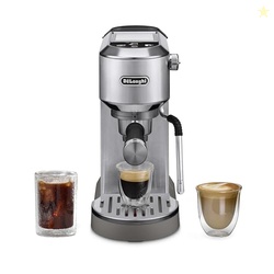 DE'LONGHI DEDICA DUO COMPACT ESPRESSO MACHINE - COLD BREW COFFEE MAKER WITH MILK FROTHER WAND- FOR ESPRESSO, HOT & ICED COFFEE, CAPPUCCINOS, LATTES & HOME BARISTA BREWING, STAINLESS STEEL FINISH