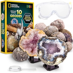 National Geographic Break Open 10 Premium Geodes  Includes Goggles & 2 Display Stands - Great STEM Science Kit, Geology Gift for Kids, Break Your Own Geodes with Crystals