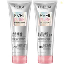 L'Oreal Paris Glossing Sulfate Free Shampoo and Conditioner Set with Glycolic Acid, Hair Care for Lasting Shine and Smoothness for Dull, Dry Hair, EverPure, 1 Kit