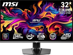 MSI MPG 322URX QD-OLED 32-inch 3840 x 2160 (UHD) Computer Monitor, 240Hz, Adaptive-Sync, HDMI, DP Port, VESA Mountable, Tilt, Speaker, 0.03ms, Black