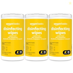 Amazon Basics Disinfecting Wipes, Lemon Scent, Sanitizes/Cleans/Disinfects/Deodorizes, 255 Count (3 Packs of 85)