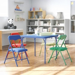 FLASH FURNITURE MINDY KIDS 5-PIECE SET FOLDING SQUARE TABLE AND CHAIRS SET FOR DAYCARE AND CLASSROOMS, CHILDREN'S ACTIVITY TABLE AND CHAIRS SET, MULTICOLOR