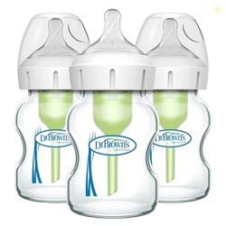 Dr. Brown's Natural Flow Anti-Colic Options+ Wide-Neck Glass Baby Bottles 5 oz/150 mL, with Level 1 Slow Flow Nipple, 3 Pack, 0m+