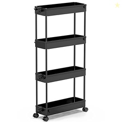 SPACEKEEPER Slim Rolling Storage Cart 4 Tier Bathroom Organizer Cart Mobile Shelving Unit Slide Out Utility Cart for Kitchen, Bthroom, Makeup, Craft, Laundry Narrow Places, Black