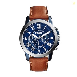 FOSSIL MEN'S GRANT 44MM QUARTZ STAINLESS STEEL AND LEATHER CHRONOGRAPH WATCH FOR MEN, COLOR: SILVER/BLUE, LUGGAGE (MODEL: FS5151)