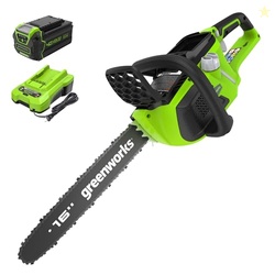 GREENWORKS 40V 16" BRUSHLESS CORDLESS CHAINSAW, 4.0AH BATTERY AND CHARGER INCLUDED
