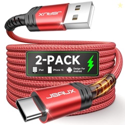 JSAUX USB C Cable [2-Pack 6.6ft], USB A to USB Cord Fast Charging for iPhone 17, iPhone Air, iPhone 17 Pro, iPhone 17 Pro Max, iPhone 16/iPhone 15 Series, Samsung S20 S10, Note 20 10, Car Play - Red