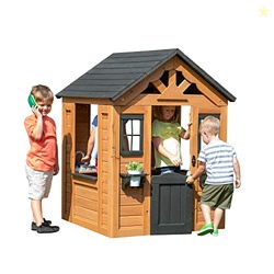 BACKYARD DISCOVERY SWEETWATER CEDAR WOODEN KIDS PLAYHOUSE COTTAGE WITH PLAY KITCHEN, SNACK BAR, HALF DOOR, TOY PHONE, WINDOWS, FLOWERPOT HOLDERS, AND WORKING DOORBELL FOR OUTDOOR IMAGINATIVE PLAY