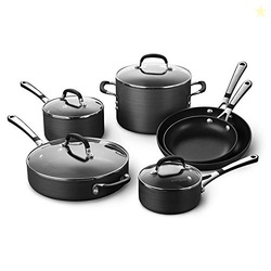 Calphalon 10-Piece Non-Stick Kitchen Cookware Set Black Pots & Pans with Stay-Cool Stainless Steel Handles Hard-Anodized Aluminum for Even Heating