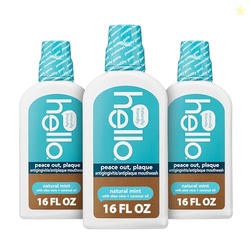 Hello Peace Out Plaque, Antigingivitis Alcohol Free Mouthwash, Natural Mint with Aloe Vera and Coconut Oil, Fluoride Free, Vegan, SLS Free and Gluten Free, 16 Ounce (Pack of 3)