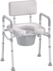 HOMLAND BEDSIDE COMMODE WITH PADDED SEAT AND BACKREST, ALUMINUM COMMODE TOILET WITH BUCKET, EASY CLEANING PORTABLE TOILET FOR ADULTS AND SENIORS, 350 LB CAPACITY ENHANCED CROSSBAR