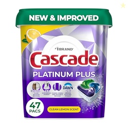 CASCADE PLATINUM PLUS DISHWASHER PODS, DISHWASHER DETERGENT, DISH DETERGENT SOAP, LEMON, 47 COUNT