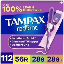 Tampax Radiant Tampons for Women Multipack, with LeakGuard Braid, Regular/Super/Super Plus Absorbency, Unscented, 112 Count (4 Packs of 28)