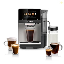 BOSCH 800 SERIES FULLY AUTOMATIC ESPRESSO AND COFFEE MACHINE  36 DRINKS WITH COFFEE WORLD, COLD BREW, DOUBLE CUP, MILK HOSE, GLASS MILK CONTAINER, IN METALLIC SILVER TPU60501