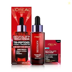 L'OREAL PARIS REVITALIFT TRIPLE POWER AGE-DEFYING FACE SERUM, ANTI AGING SERUM WITH 3 IN 1 BENEFITS, REDUCES WRINKLES, FIRMS AND BRIGHTENS SKIN, INCLUDES SAMPLE