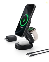 BELKIN MAGSAFE CHARGER COMPATIBLE, 3-IN-1 QI2 15W WIRELESS CHARGING STATION, CONVERTIBLE WIRELESS CHARGER FOR IPHONE 17, APPLE WATCH, AIRPODS, PIXEL 10, PHONE STAND FOR TRAVEL W/ 36W ADAPTER - BLACK