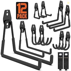 GARAGE HOOKS, 12 PACK WALL STORAGE HOOK INCLUDES 2 EXTENSION CORD HOLDER, UTILITY ORGANIZATION, HEAVY DUTY WALL MOUNT HANGERS FOR HANGING BIKE, LADDER, GARDEN TOOLS