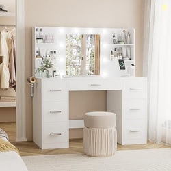 YESHOMY VANITY DESK WITH MIRROR, POWER OUTLET AND 10 LIGHTS, MAKEUP TABLE WITH 7 DRAWERS, 3 COLOR MODES AVAILABLE FOR BEDROOM, WHITE