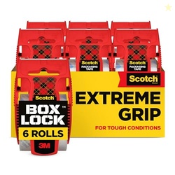 SCOTCH BOX LOCK PACKING TAPE, CLEAR PACKAGING TAPE, EXTREME GRIP BOX TAPE FOR HOLIDAY SHIPPING, 1.88 IN. X 22.2 YD., 6 TAPE ROLLS WITH DISPENSERS