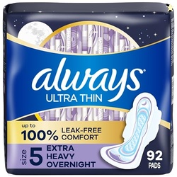 Always Ultra Thin Overnight Pads, Size 5, Extra Heavy Overnight, Unscented, 92 Count (2 Packs of 46)