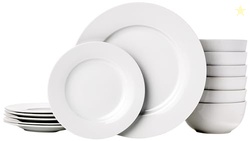 AMAZON BASICS KITCHEN DINNERWARE SET, MICROWAVE AND DISHWASHER SAFE, PLATES, BOWLS, SERVICE FOR 6, 18-PIECE, WHITE