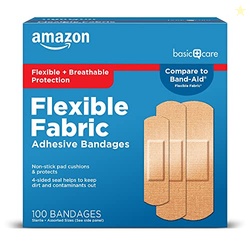 AMAZON BASIC CARE FLEXIBLE FABRIC ADHESIVE BANDAGES, FIRST AID AND WOUND CARE SUPPLIES, ASSORTED SIZES, 100 COUNT