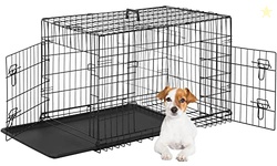 FDW Dog Crate for Small Dogs 24 Inch Folding Metal WirePet Cage Double Door W/Divider Panel Indoor Outdoor Kennel Leak-Proof Plastic Tray,Black