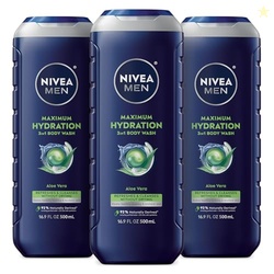 NIVEA MEN MAXIMUM HYDRATION BODY WASH FOR DRY SKIN, ALOE VERA ENRICHED, 3-IN-1 MOISTURIZING BODY WASH, FACE AND HAIR, PARABEN FREE, VEGAN FORMULA, 16.9 FL OZ BOTTLE, PACK OF 3