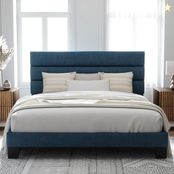 ALLEWIE KING SIZE PLATFORM BED FRAME WITH FABRIC UPHOLSTERED HEADBOARD AND WOODEN SLATS SUPPORT, FULLY UPHOLSTERED MATTRESS FOUNDATION/NO BOX SPRING NEEDED/EASY ASSEMBLY, NAVY BLUE