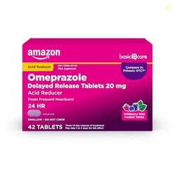AMAZON BASIC CARE OMEPRAZOLE DELAYED RELEASE TABLETS 20 MG, ACID REDUCER, WILDBERRY MINT COATED TABLET, HEARTBURN MEDICINE, 42 COUNT