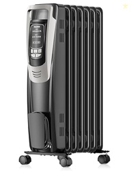 PELONIS RADIATOR HEATER FOR INDOOR USE LARGE ROOM WITH REMOTE, THERMOSTAT & LED DISPLAY, QUIET OIL FILLED HEATER WITH 5 TEMPERATURE SETTINGS, OVERHEAT & TIP-OVER PROTECTION, SILVER