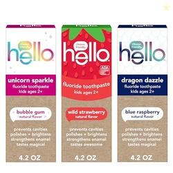 hello Kids Fluoride Toothpaste Variety Pack, Includes a Strawberry, Unicorn Bubble Gum, and Blue Raspberry Toothpaste, Safe for Ages 2 and Up, 3 Pack, 4.2 Oz Each