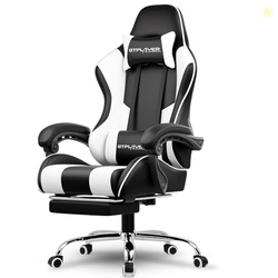 GTPLAYER Gaming Chair, Computer Chair with Footrest and Lumbar Support, Height Adjustable Game Chair with 360-Swivel Seat and Headrest and for Office or Gaming (White)