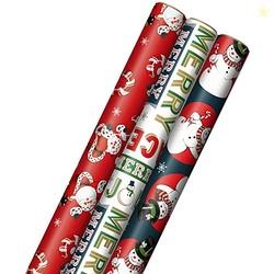HALLMARK VINTAGE CHRISTMAS WRAPPING PAPER CUT LINES ON REVERSE (3 ROLLS: 120 SQ. FT. TTL) DANCING SANTAS, CLASSIC SNOWMAN, "MERRY, JOLLY, HAPPY, PEACE"