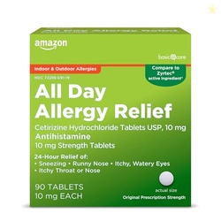 AMAZON BASIC CARE ALL DAY ALLERGY, CETIRIZINE HYDROCHLORIDE TABLETS, 10 MG, ANTIHISTAMINE, 90 COUNT (PACKAGING MAY VARY)