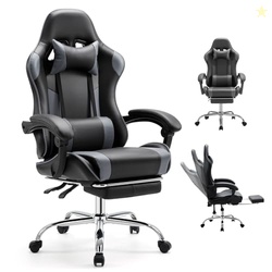 DUMOS Ergonomic Gaming Office Desk Chair with Footrest and Headrest for Adults, PU Leather Video Computer Chair with Linkage Armrests, Height Adjustable 360 Swivel Recling Chair, Black Grey