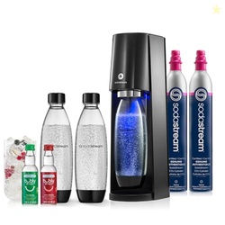SodaStream - E-TERRA Soda Maker | VALUE BUNDLE | 3 Automatic Carbonation Levels | Includes 2x CO2 Cylinders, 3x 32 Fl Oz Dishwasher Safe Bottles, 2x Bubly Fruit Flavor Drops, 1x Power Adapter | Black