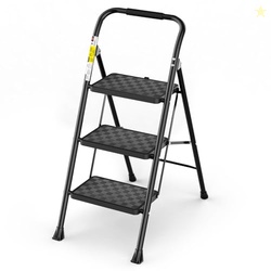 HBTower 3 Step Ladder, 3 Step Stool for Adults, 3 Step Ladder Folding Step Stool with Cushioned Handle Step Ladder with Wide Pedal Ergonomic Design,Black