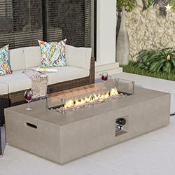 COSIEST Outdoor Propane Fire Pit Table, 56-inch x 28-inch Rectangle Gray Concrete-Like Finish, Certified, 50,000 BTU Stainless Steel Burner w Transparent Gray Fire Glass, Wind Guard, Raincover