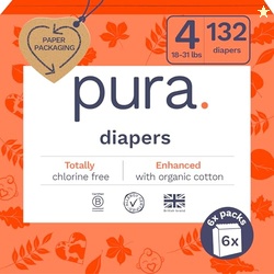 PURA SENSITIVE SKIN BABY DIAPERS | SIZE 4 (18-31 LBS) | HYPOALLERGENIC, TOTALLY CHLORINE FREE, FRAGRANCE FREE, UP TO 12-HOUR LEAK PROTECTION | 6 PACKS OF 22 (132 DIAPERS)