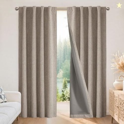 Joydeco 100% Blackout Curtains for Bedroom - Nature Linen 96 Inch Long Rod Pocket & Back Tabs Living Room Drapes, Light Blocking 2 Panels Set, Thermal Insulated Room Darkening Window Curtains