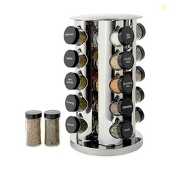 KAMENSTEIN 20 JAR REVOLVING COUNTERTOP SPICE RACK WITH SPICES INCLUDED, FREE SPICE REFILLS FOR 5 YEARS, POLISHED STAINLESS STEEL WITH BLACK CAPS, 30020